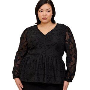 TORRID Peplum Chiffon Clip Floral Blouson Sleeve Top Size 1X 14-16 Black NWT